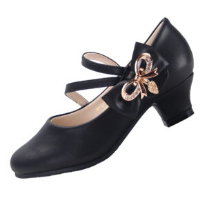 EIGHT KM Girls High Heel Dress Shoes Mary Jane Princess Wedding Party Pump Shoes EKM7035 Crystal Sparkle Glittery and Microfiber Leather Metallic Bow